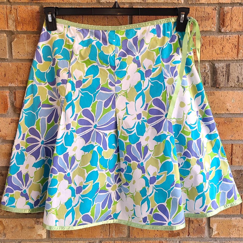 St. John's Bay Flared Pleated Skirt Side Tie Blue White Floral Size 14